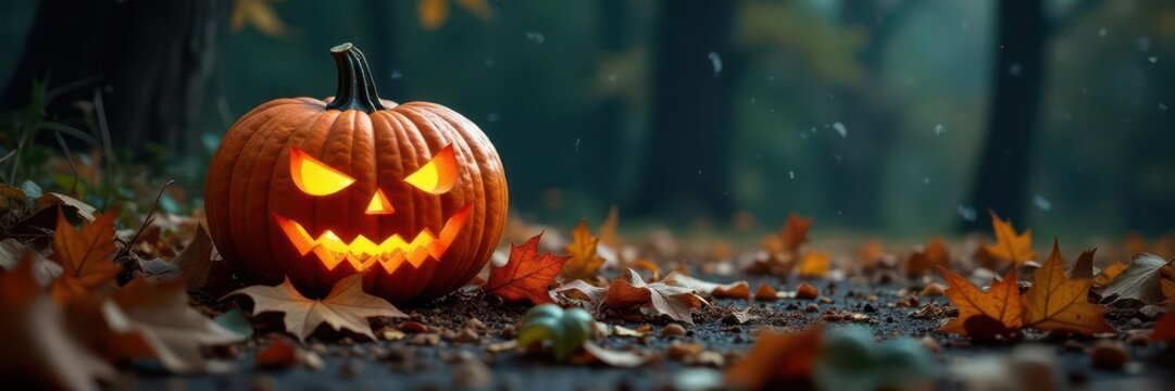 Carved pumpkin on spooky autumn leaves, cobwebs, and dark background , backgrounds, image