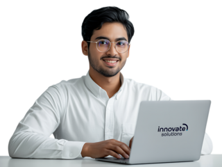 Happy programmer or businessman using laptop.