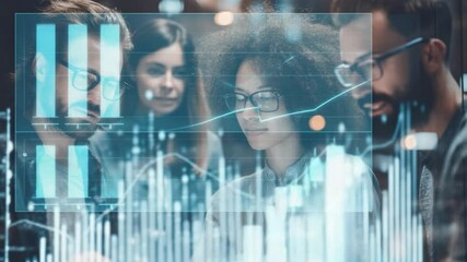 Teamwork Data Analysis: A diverse team of data analysts collaborates, reviewing financial charts and graphs projected onto a screen. Their focused expressions show dedication and collaborative spirit. - Powered by Adobe