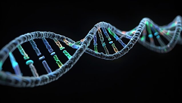 Hyper-realistic 3D DNA double helix twisting through space with reflective metallic surfaces and glowing base pairs on a dark background.