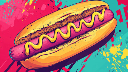 Cartoon hot dog with mustard in vibrant vector art, great for use as a fast food-themed icon.

