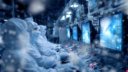 Scientific team wearing protective gear analyzing space data in sterile clean room laboratory, digital snow overlay creating futuristic research environment for high tech mission monitoring - Powered by Adobe