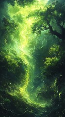 Obraz premium Ethereal emerald forest bathed in luminous green radiance, fantastical woodland