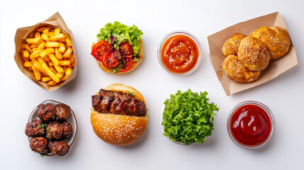 Collection of various foods arranged on a clean white background.

