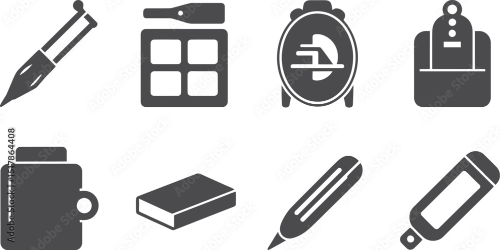 Poster a collection of eight different gray scale icons on a white background in a studio shot style