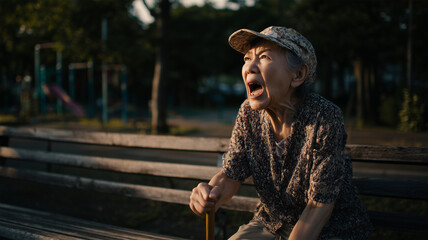 Obraz premium 公園で怒りを露わにする日本人高齢女性