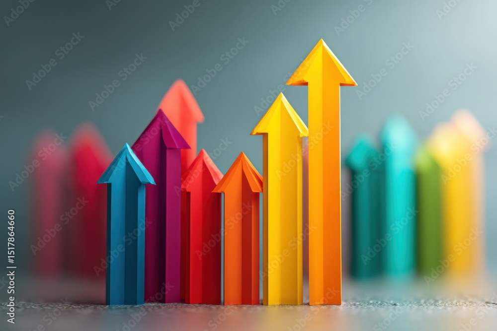 Poster a colorful and dynamic arrangement of arrows pointing upwards, symbolizing growth and success in bus
