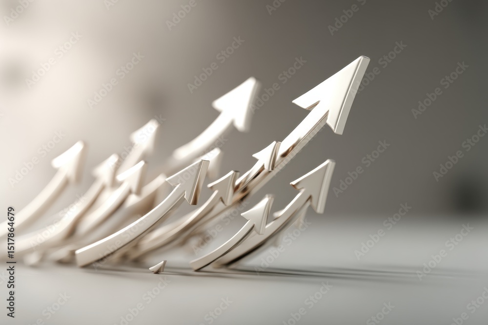Poster dynamic composition of metallic arrows pointing upwards, symbolizing growth and progress, set agains