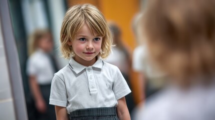Young Boy in School Uniform Looking at Reflection in Mirror with Contemplative Expression, Back to School Concept