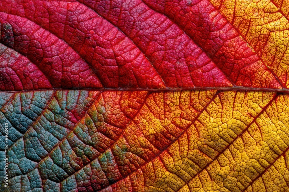 Poster macro view of a vibrant autumn leaf showcasing stunning color gradients from red to yellow and blue,