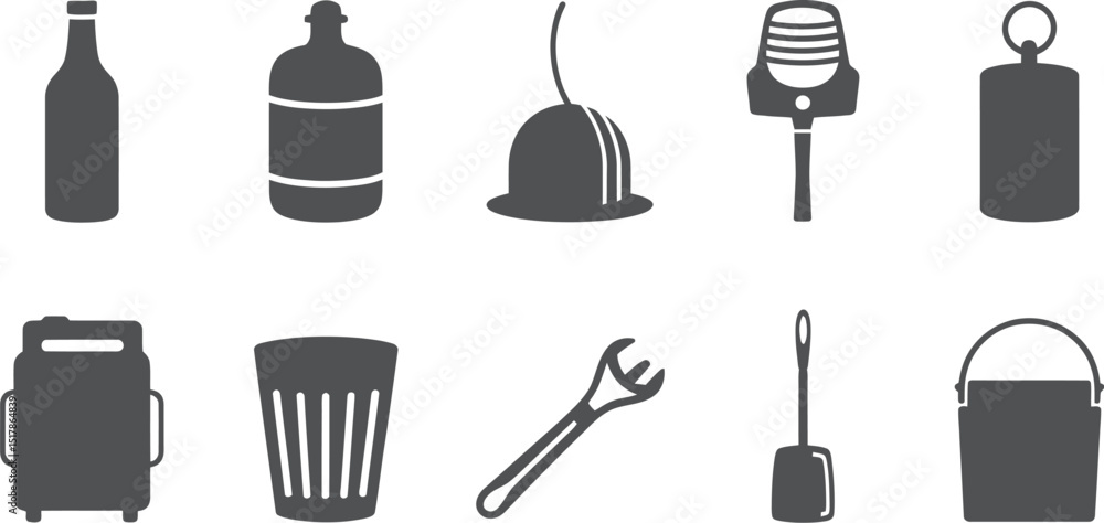 Poster a collection of ten different gray objects including bottles, a bucket, and a microphone icon design