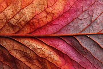 Fototapeta premium A vibrant, close-up detail of an autumn leaf, showcasing intricate vein patterns and rich colors, ranging from deep reds and oranges to subtle pinks and browns, autumnal aesthetic.