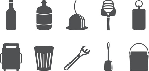 A collection of ten different gray objects including bottles, a bucket, and a microphone icon design