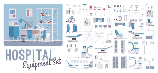 Medical and hospital equipment set, range of health system tools. Care to patient, diagnostic instruments, surgical devices, monitoring, rehabilitation, therapeutic apparatus kit. Vector illustration