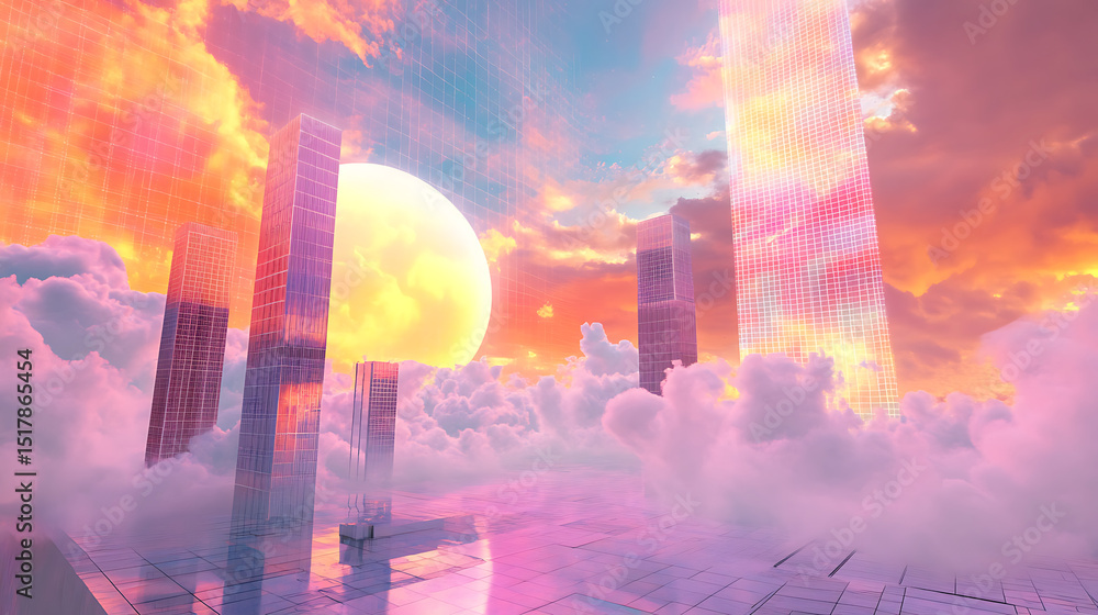 Poster surreal skyline with colorful sky and virtual reality network links