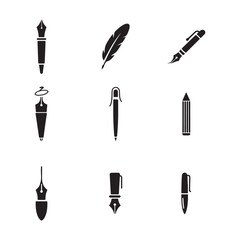 A set of black and white writing utensil icons, showcasing various types of pens and a quill.