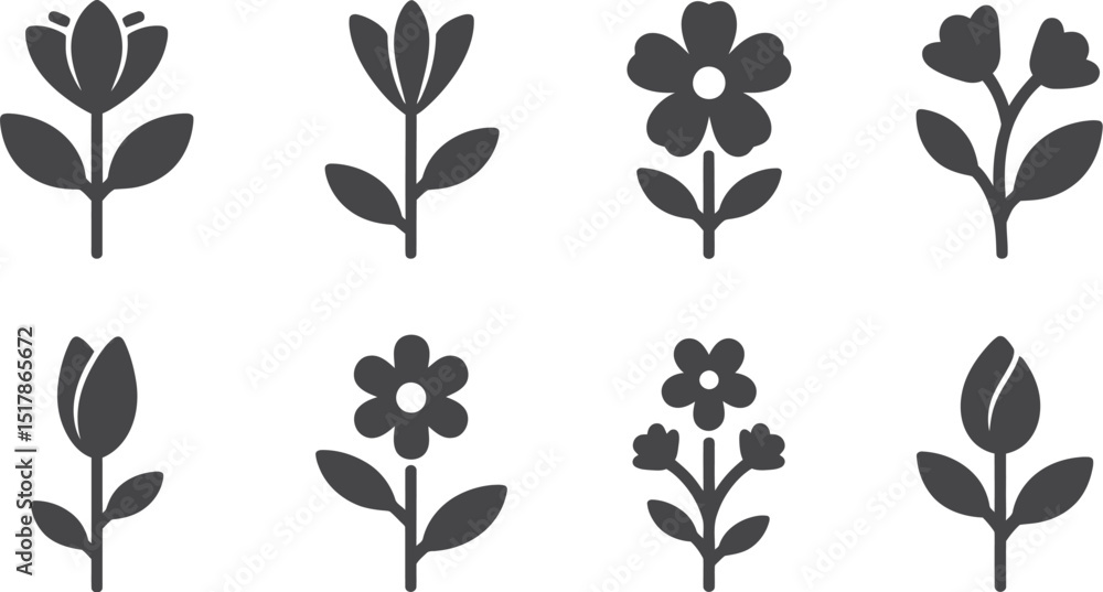 Poster a set of eight simple flower icons with different petal shapes and leaf arrangements in dark gray co