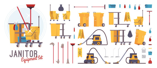 Janitor equipment household set cleaning supplies pack, professional accessories bundle. Selection of essential tools janitorial staff, vacuum cleaner, floor scrubbers, mop, broom. Vector illustration