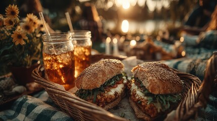 Delicious Picnic Scene: Close-Up of Chicken Sandwiches and Iced Tea in Mason Jars at Sunset, Outdoor Gathering