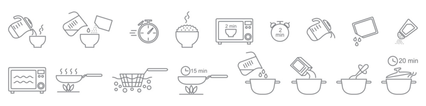 Cooking instructions line icons isolated on transparent background. Ready to eat food cooking icons. Pictogram for semi finished meal prepare instruction. Editable Stroke.