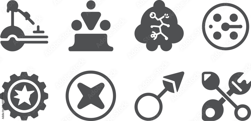 Poster Eight dark gray icons arranged in two rows on a white background featuring various abstract symbols