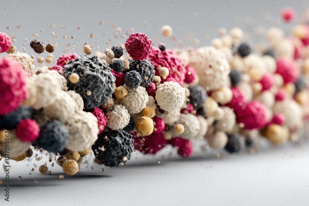 Poster a cluster of abstract spherical particles in red, white, black and gold tones creating a visually ca