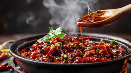 Sichuan Spicy Smoked food. A wooden spoon is pouring the chili sauce into a bowl of hot and dry food with red peppers and dried chilies on top.