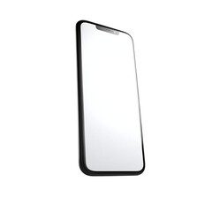 Isolated smartphone with blank white screen on white background angled perspective view showing details 100