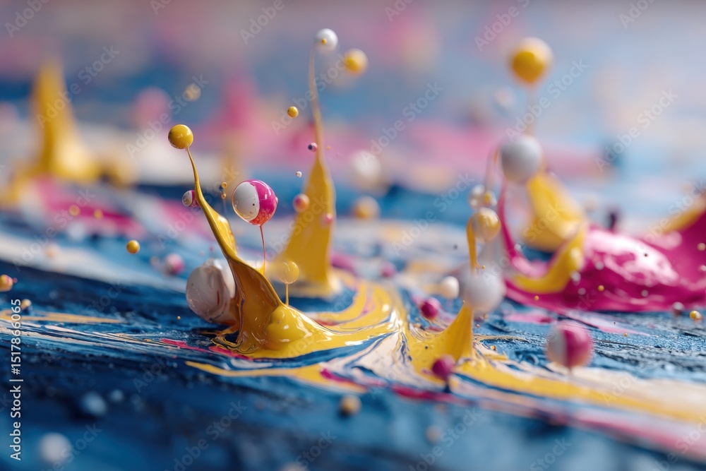 Poster a vibrant explosion of colorful paint, featuring dynamic splashes and floating spheres, creating a w
