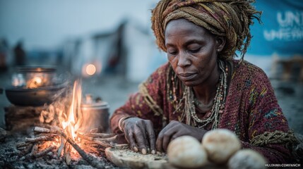African Woman Preparing Food by Campfire in Refugee Camp, Showing Resilience and Tradition Amidst Humanitarian Crisis, Cooking Outdoors
