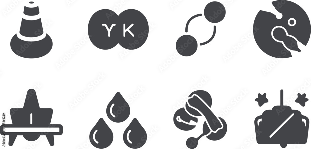 Poster a collection of eight different black and white icons on a white background in a grid format style