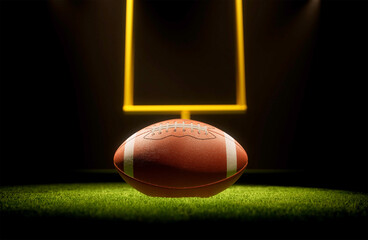 Rugby ball with rugby posts on field