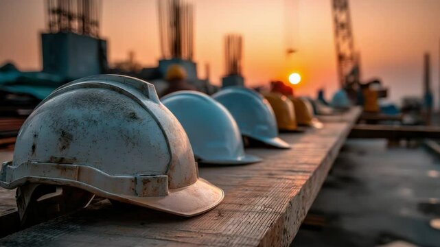 Construction Site Sunset: A row of hard hats on a construction site, with a warm sunset in the background, symbolizes hard work and progress.