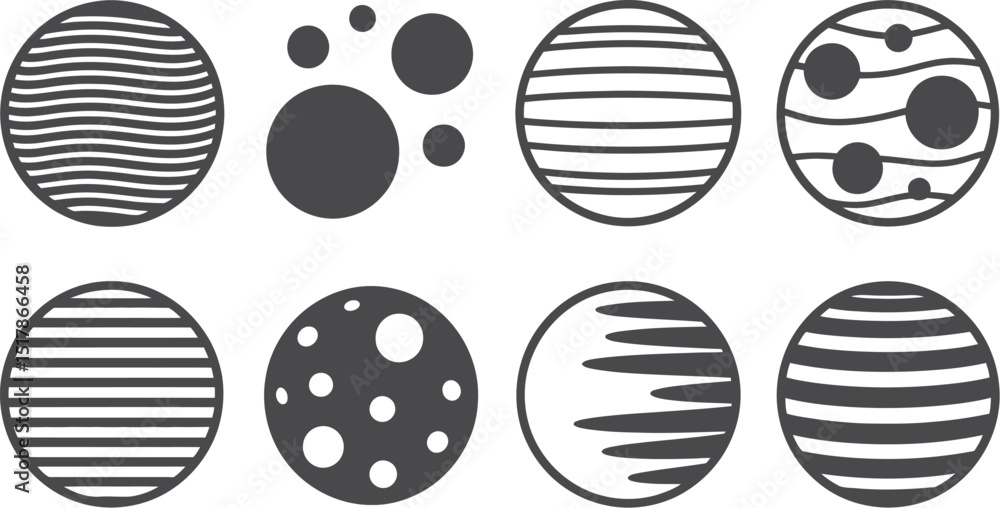 Poster a collection of eight circular designs featuring a variety of patterns and arrangements in black and