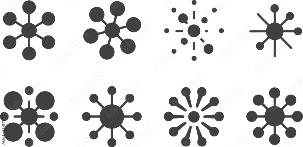 Poster a set of eight black and white atom like icons with varying configurations and point connection styl
