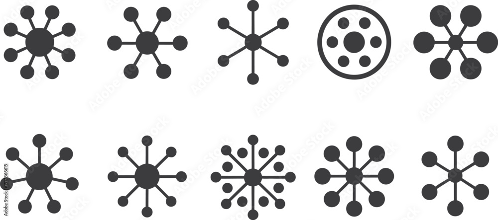 Poster a collection of ten black circular network icons with varying arrangements on a light gray backgroun