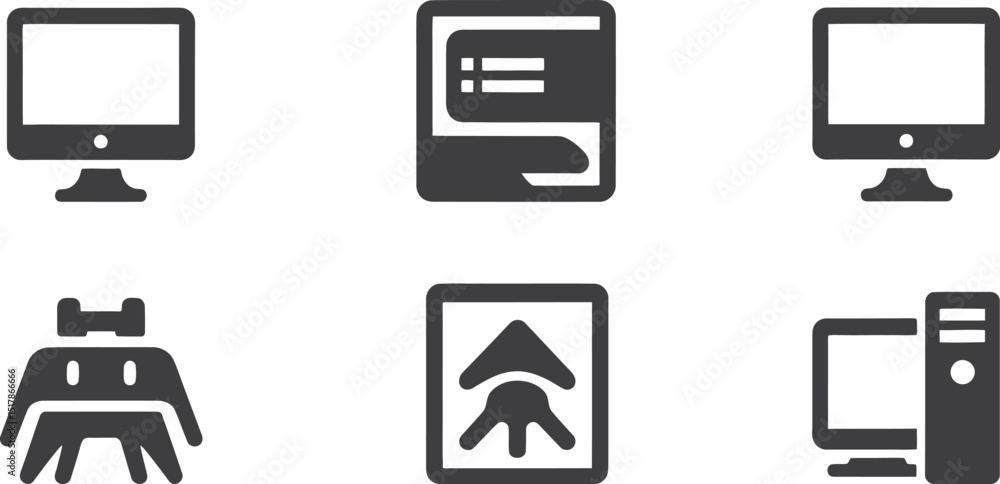 Poster a set of six dark gray icons featuring computers, a robot, and an upward pointing arrow design