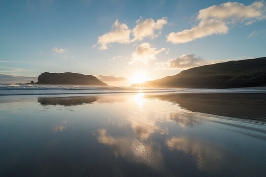 Tranquil beach sunset reflected in still water.  Gentle waves lap at the shore as a vibrant sunset paints the sky.  Rocky outcrops emerge from the calm water