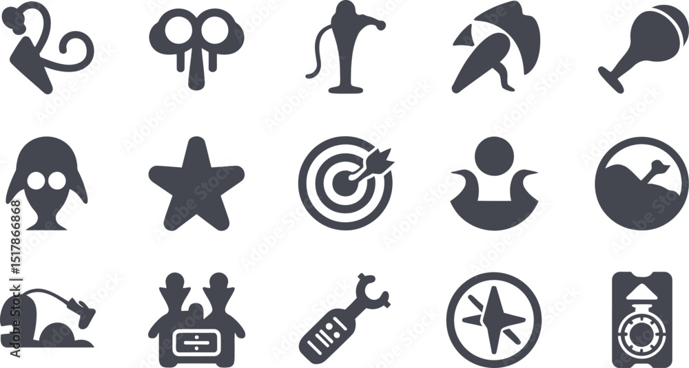 Poster a collection of fifteen different dark gray icons arranged on a white background in a grid pattern