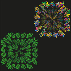 Floral pattern icon. Symmetrical glowing shapes. Vector dark background. Decorative group form.