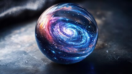 Galaxy swirl inside glass sphere on dark background