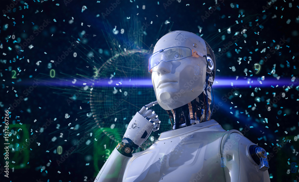 Poster machine learning concept ai robot with education graphic interface