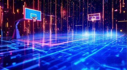 Futuristic neon basketball court with glowing circuit board and dynamic digital atmosphere - Powered by Adobe