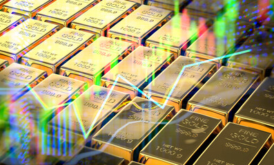Gold price rising concept with business graph on bullion background