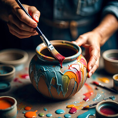 Close-up of an artisan hand-painting ceramic pots with vibrant colors in a pottery workshop