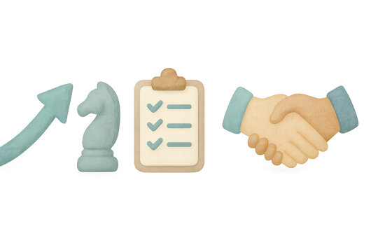 Business strategy icons in watercolor style, featuring upward arrow, chess piece, checklist, and handshake. These elements symbolize growth, planning, and collaboration in professional setting