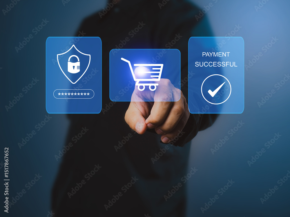 Poster man selecting products for online shopping with virtual payment confirmation. secure transaction on 
