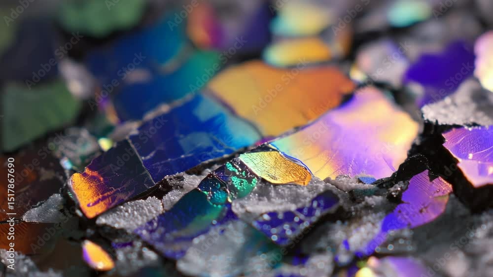 Poster colorful crystal flakes shimmer and shift through a spectrum of iridescent hues, creating a mesmeriz