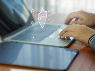 Shield, VPN or Virtual Private Network encrypted connection, Internet security, online privacy protection and data protection on the accessed network.