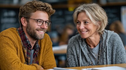 Smiling Mature Woman and Young Man Talking at Table, Happy Conversation, Intergenerational Friendship, Casual Clothing, Indoor Setting, Positive Connection